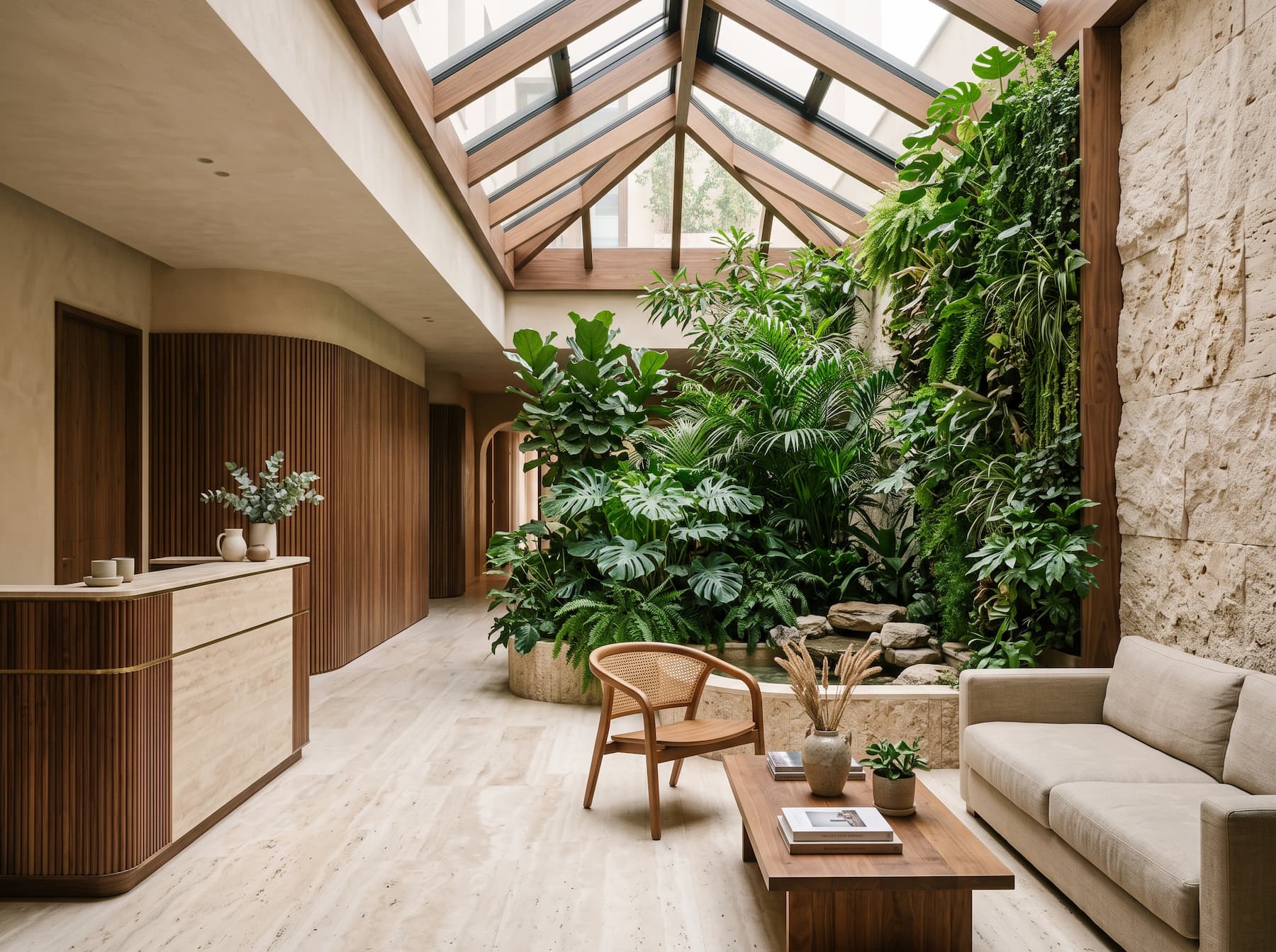 Espacio con vegetación, luz natural y materiales orgánicos